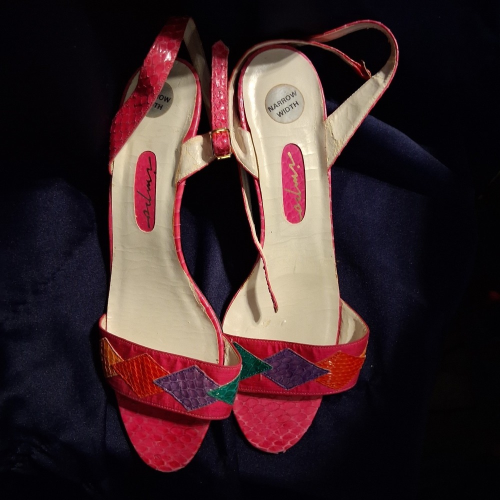 Vintage 80s Colorful High Heels Shoes Pumps Pink Purple Green 8.5 A Narrow Snake